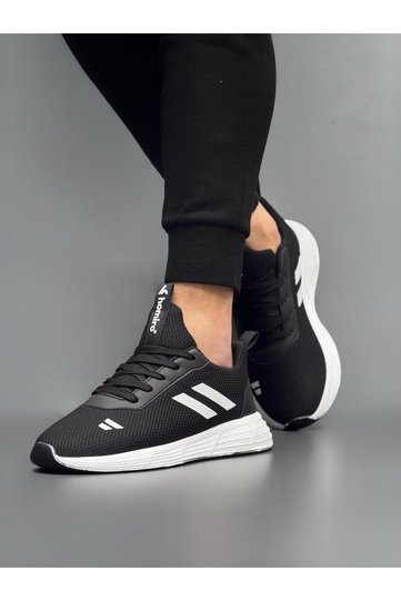 Unisex Lace-Up Knitwear Poly Sole Sports Shoes-Black-White