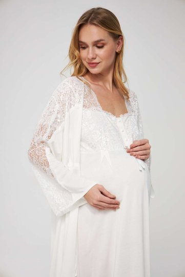 Ecru Maternity and Postpartum 2-Piece Nightgown Robe Pajama Set