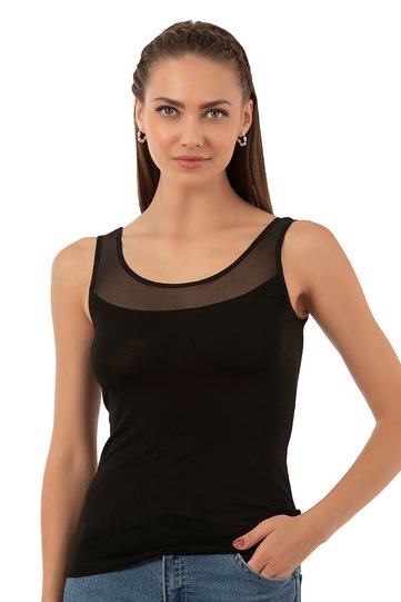 Özkan 20575 Women's Large Size Range Cotton Lycra Tulle Detailed Thick Strap Undershirt