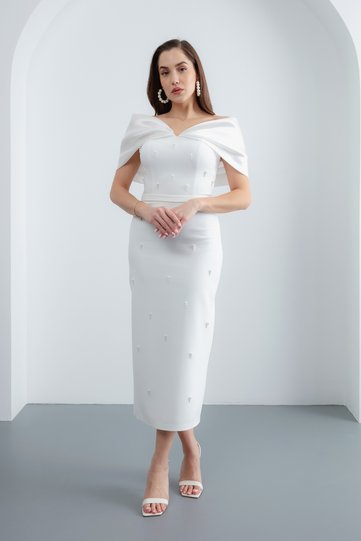 Women's White Slim Fit Boat Neck Pearl Promise Engagement Wedding Evening Dress