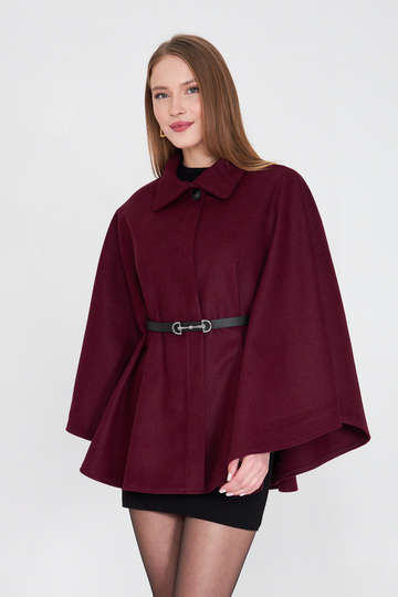 Women's Belted Melton Poncho Burgundy / Sevde Ugur