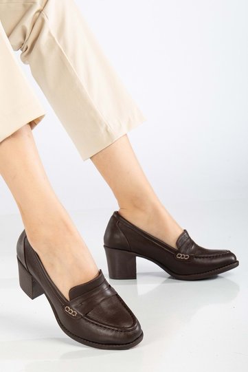 Women's Genuine Leather Saddler Classic Heeled Shoes - Brown
