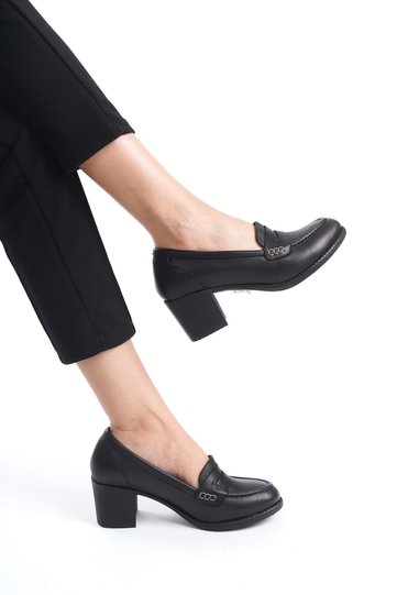 Women's Genuine Leather Saddler Classic Heeled Shoes Black
