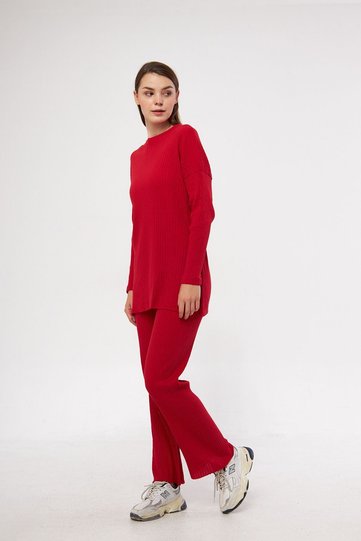Women's Red Women's Ribbed Report & Sweatpants, Casual Home Wear Pajamas Set