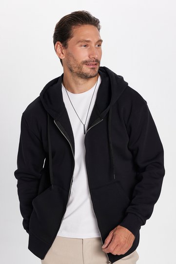 Unisex Relax Fit Relax Fit Cotton Inside Fleece Double Pocket Zip-Up Black Hooded Sweatshirt