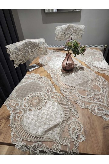 طقم صالة منسوجات منزلية طقم فاخر مكون من 5 قطع بيج [قهوة مع حليب] RUNNER-140X40 SHOMEN-90X40 منديل 37X37