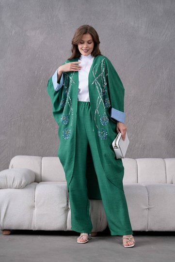 Women's Front Sequin Sequin Embroidered Stone and Pearl Detailed Linen Kimono and Trousers Bottom Top Set