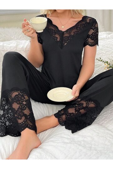 women's black laced short-sleeve pajama set MEYCES