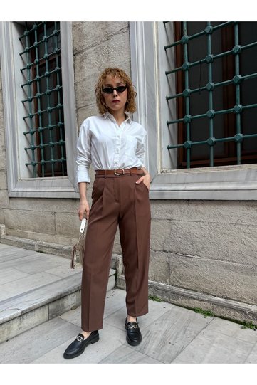Belted Carrot Cut Fabric Trousers