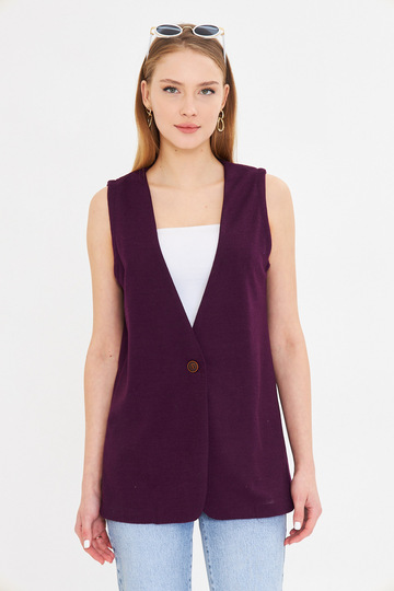 Women's Purple V-Neck Single Button Oversize Print Vest Arm-25K 001110