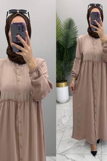 Ayşenur Dress Ayrobin Fabric Women's Beige Buttoned Hijab Dress