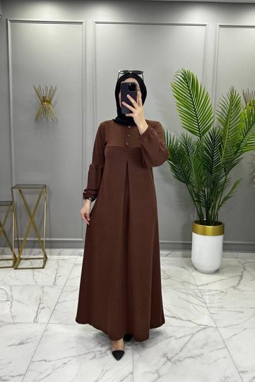 Aybüke Dress Ribbed Knitted Crepe Fabric Women's Brown Top Openable Buttoned Pleated Detailed Dress