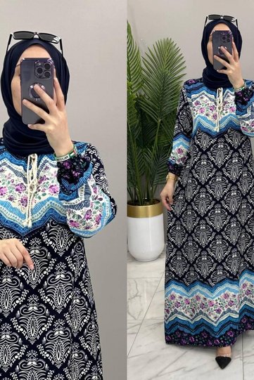 Viscose Fabric Sea Dress Women's Navy Blue Patterned Collar Tie Dress with Elastic Sleeves Hijab Dress