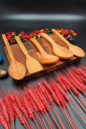 Natural Beech Wooden Kitchen Serving Ladle Rice Spatula Spoon Set of 5 Handcrafted Special for Mothers