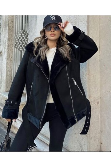 Women's Silk Sheepskin Belt Detailed Black Suede Biker Coat