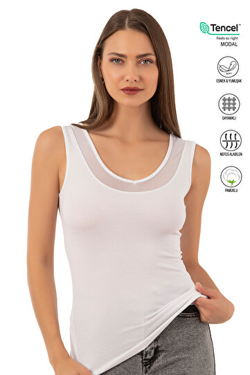 Özkan 22848 Women's Modal Cotton Thick Strap V-Neck Tulle Detailed Undershirt