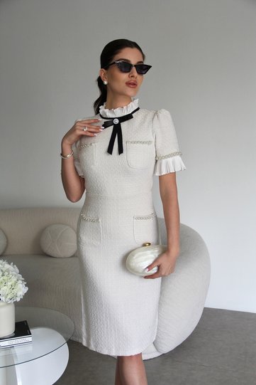 High Collar Pearl and Ribbon Detailed Design White Tweed Dress