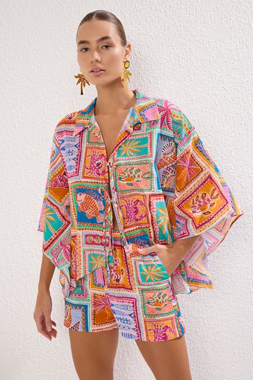 Tropical Print Woven 100% Cotton Shirt Shorts Beach Set TBESS25AU00033