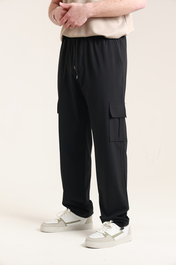 Men's Black Parachute Fabric Baggy Pants with Commando Pockets and Adjustable Cuffs with Clips