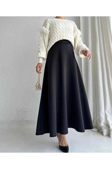 Women's Black Imported Knitted Fabric Flared Modest and Casual Skirt Height: 94-95 cm (Elastic Waistband)
