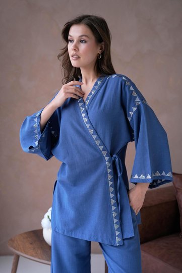Women's Indigo Linen Embroidery and Sequin Detailed Kimono and Trouser Bottom/Top Set 29033