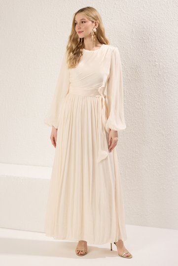 Ecru Sash Detail Glittery Lined Chiffon Wedding/Bride Evening Dress TCTAW25DB00012