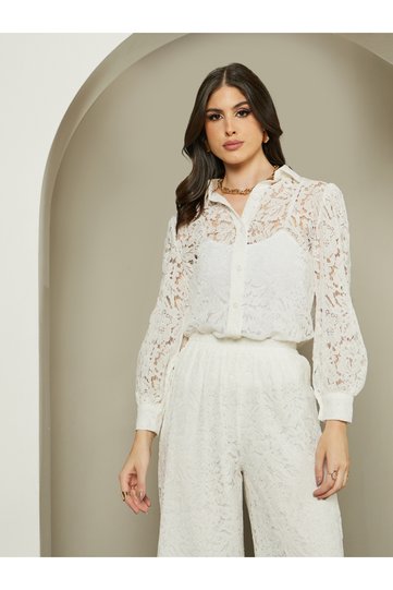 Textured Balloon Sleeve Spread Collar Lace Shirt