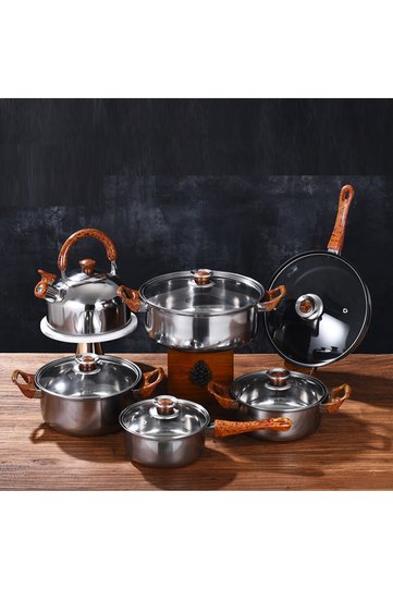 Wood Grain Handle 12 Piece Set, Thickened Stainless Steel Set, Kettle, Milk Pot, Soup Pot, Pan