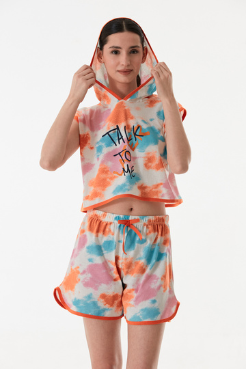 Women's Hooded Shorts Summer Printed Combed Cotton Pajama Set