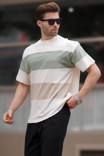 Beige Oversize Color Block Crew Neck Printed T-Shirt 7025