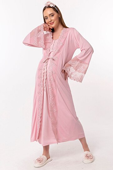 Elegant Lace Detailed Maternity Nightgown Set with Nursing Features and Robe Effortt - Pink