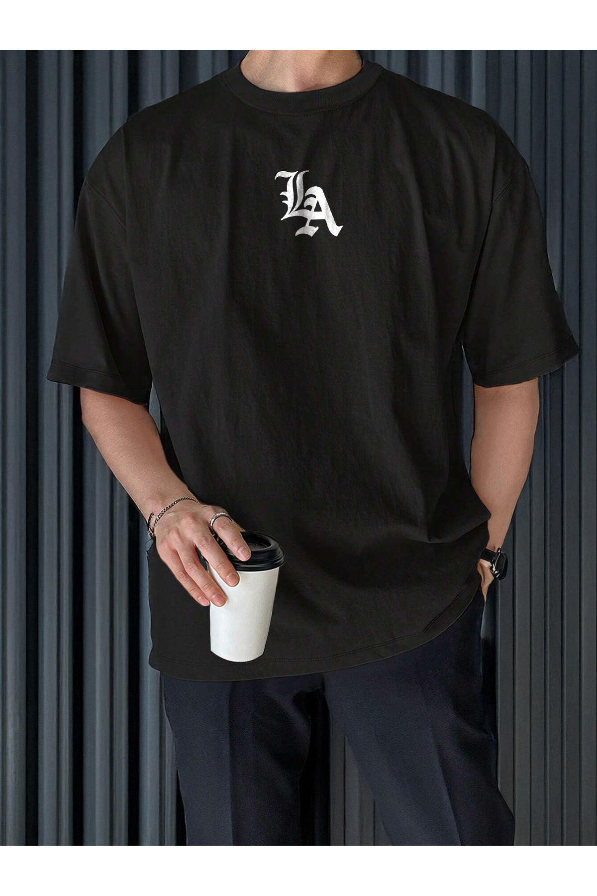 Los Angeles La Logo Printed Men's Oversize Crew Neck Seasonal T-Shirt