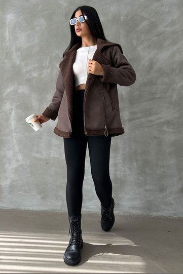 Leather Zippered Collared Fur Coat - Brown | |   F1534 - Coffee Coffee