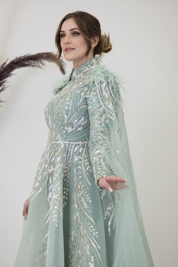 Kayra Evening Dress with Applique Embroidered Cape on the Front
