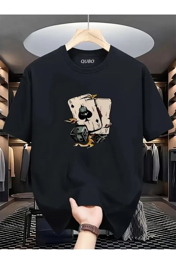 qubo Unisex Oversized Printed Cotton Crew Neck Short Sleeve BLACK T-shirt