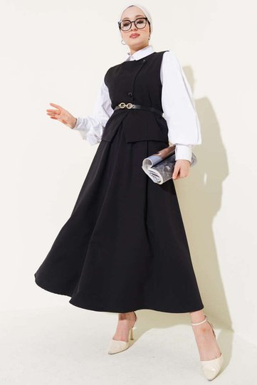 Women's Cross Buttoned Belted Skirt Double Suit