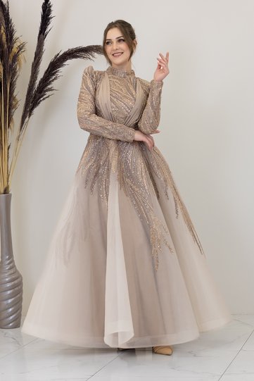 Draped Front Appliqué Embroidered Kübra Evening Dress