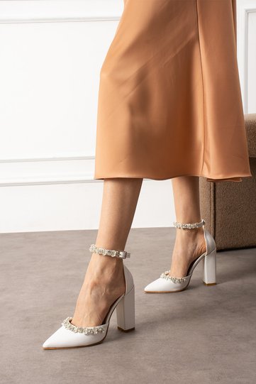 White Leather Ankle-Strap Jeweled Bridal Shoes
