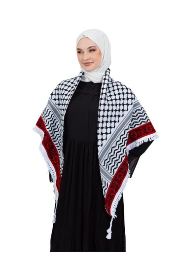Black Checkered Palestinian Traditional Red Embroidered Border Keffiyeh with Tassels Palestinian Pashmina S300011