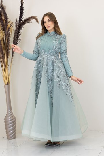 Floral Embroidered Serra Hijab Evening Dress - mint