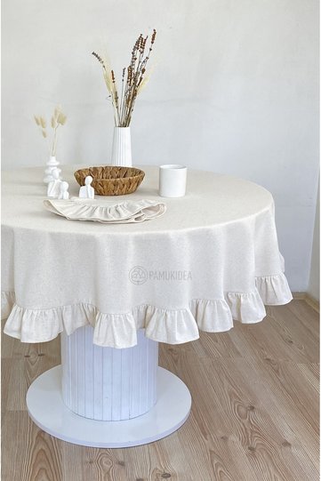 Ruffled Washed Buldan Linen Simple Plain <b>%100</b> Cotton Natural Beige Round Tablecloth