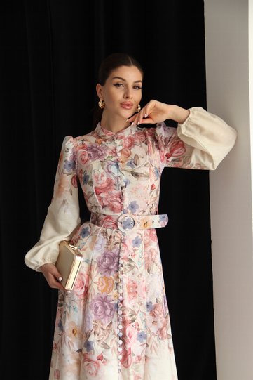 Buttoned Stand Collar Belted Midi Length Design Linen Dress