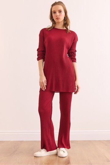 Women's Burgundy Slit Detail Top and Palazzo Corded Fabric Set TKM-19000180