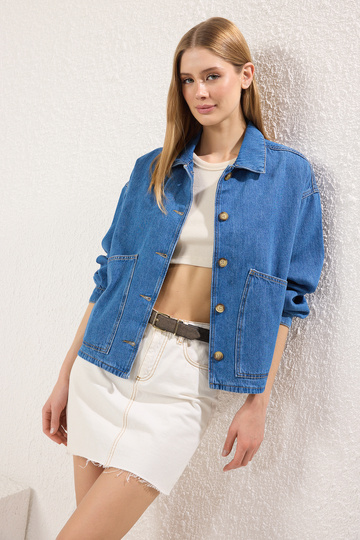 Oversize Blue Denim Jacket - Shirt Collar with Pocket Detail Twoss25Ce00050