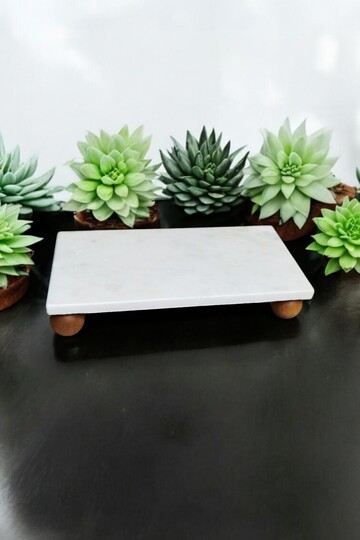 Marble Presentation Stand with Wooden Ball Feet, Cake Cookie Stand, Decorative Marble Oil Pot Stand