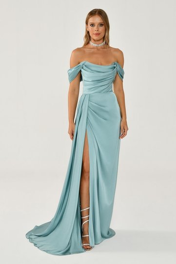 Low-Shoulder Side Slit Satin Long Evening Dress Alfabeta