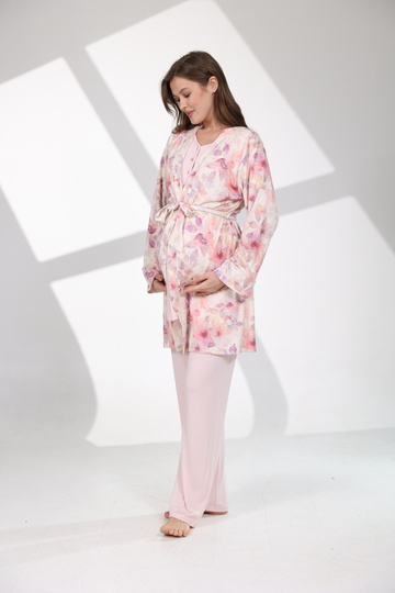 Soft Floral Patterned Maternity Pajama Set with Dressing Gown