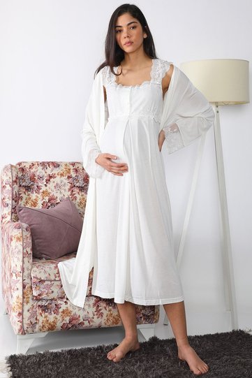 Effortt 2302 Ecru Robe Postpartum Nightgown Set