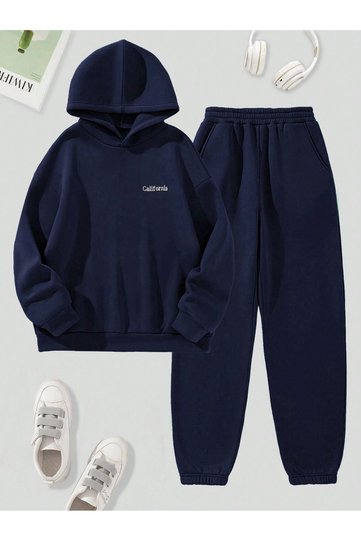 طقم بدلة رياضية مكتوب عليها كاليفورنيا سويت شيرت Jogger - غطاء رأس كبير الحجم مطبوع باللون الأزرق الداكن