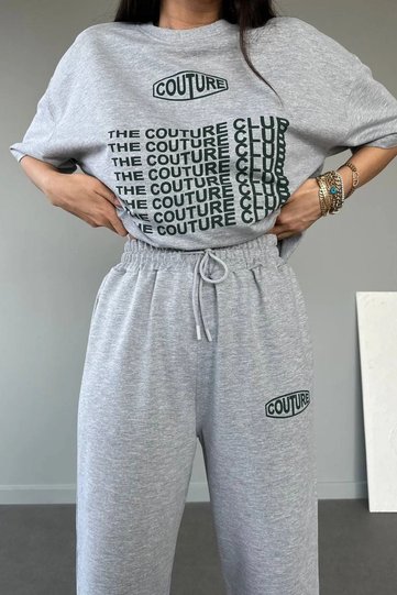 Couture Club T-shirt Sweatpants Jogger- Gray Printed Bottom Top Tracksuit Set Oversize Crew Neck